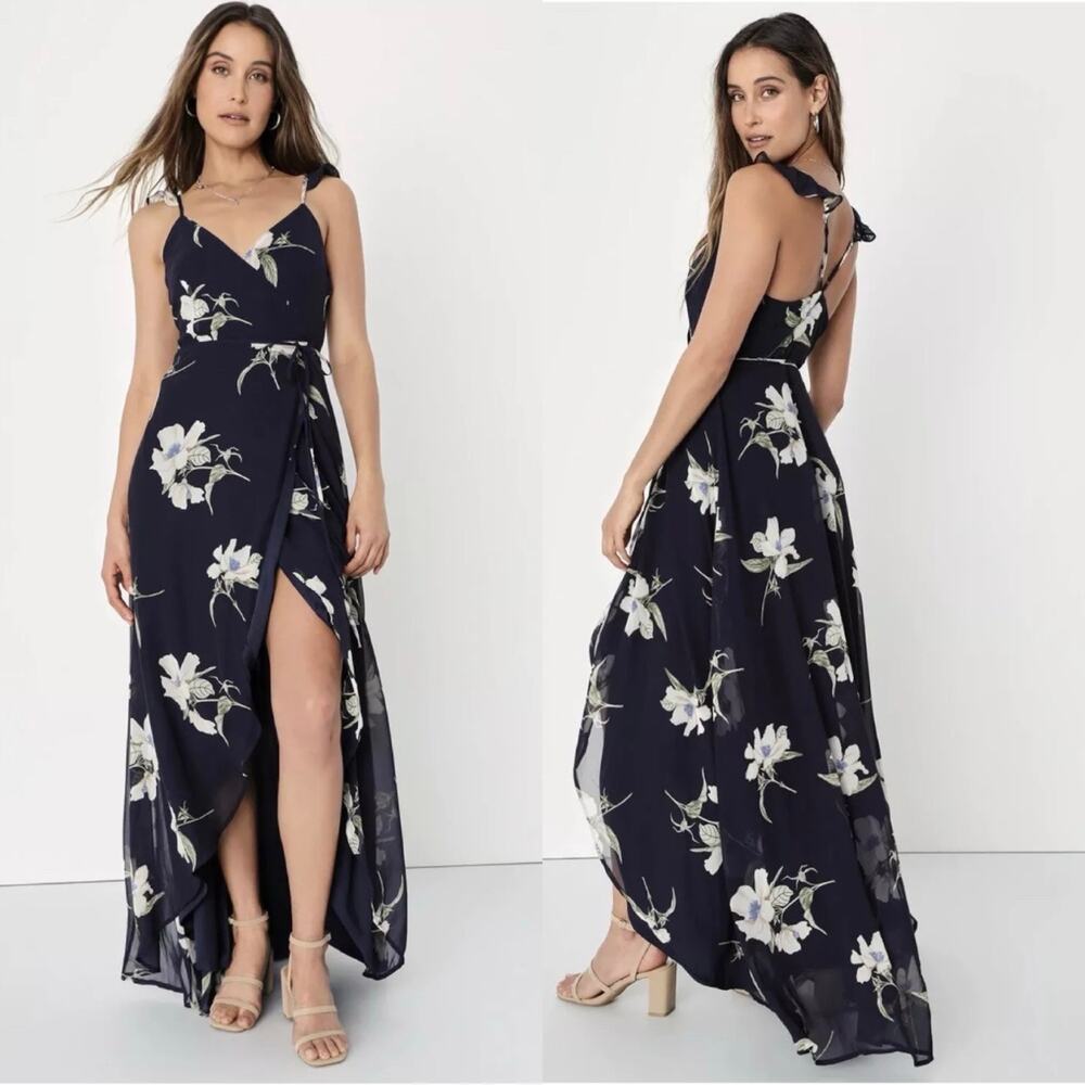 LULUS‎ All Mine Large Navy Blue Wrap Dress Spaghetti Strap Ruffle Floral Wedding